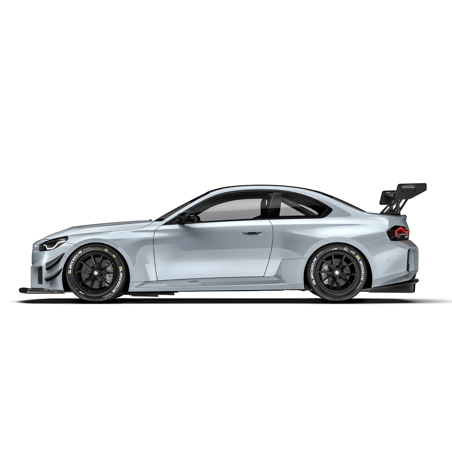 BMW G87 M2 side view race splitter, black front lip with angled canards