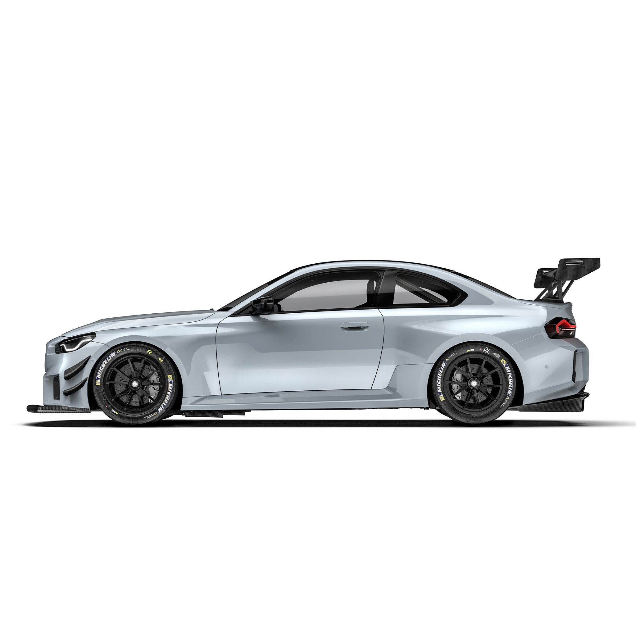 BMW G87 M2 side view race splitter, black front lip with angled canards