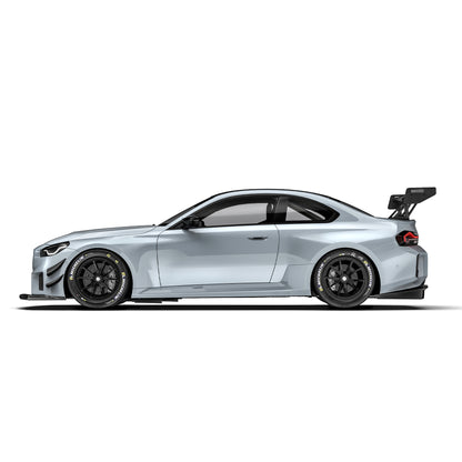 BMW G87 M2 side view race splitter, black front lip with angled canards