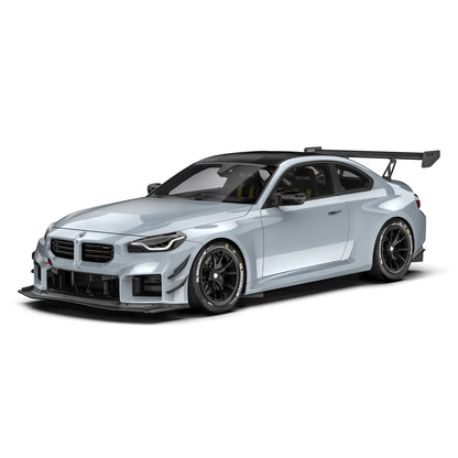 BMW G87 M2 front splitter, black lip with side canards on light coupe