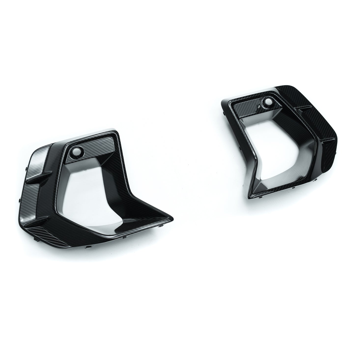 Carbon fiber duct vent bezels, pair of glossy black inserts with mounting holes