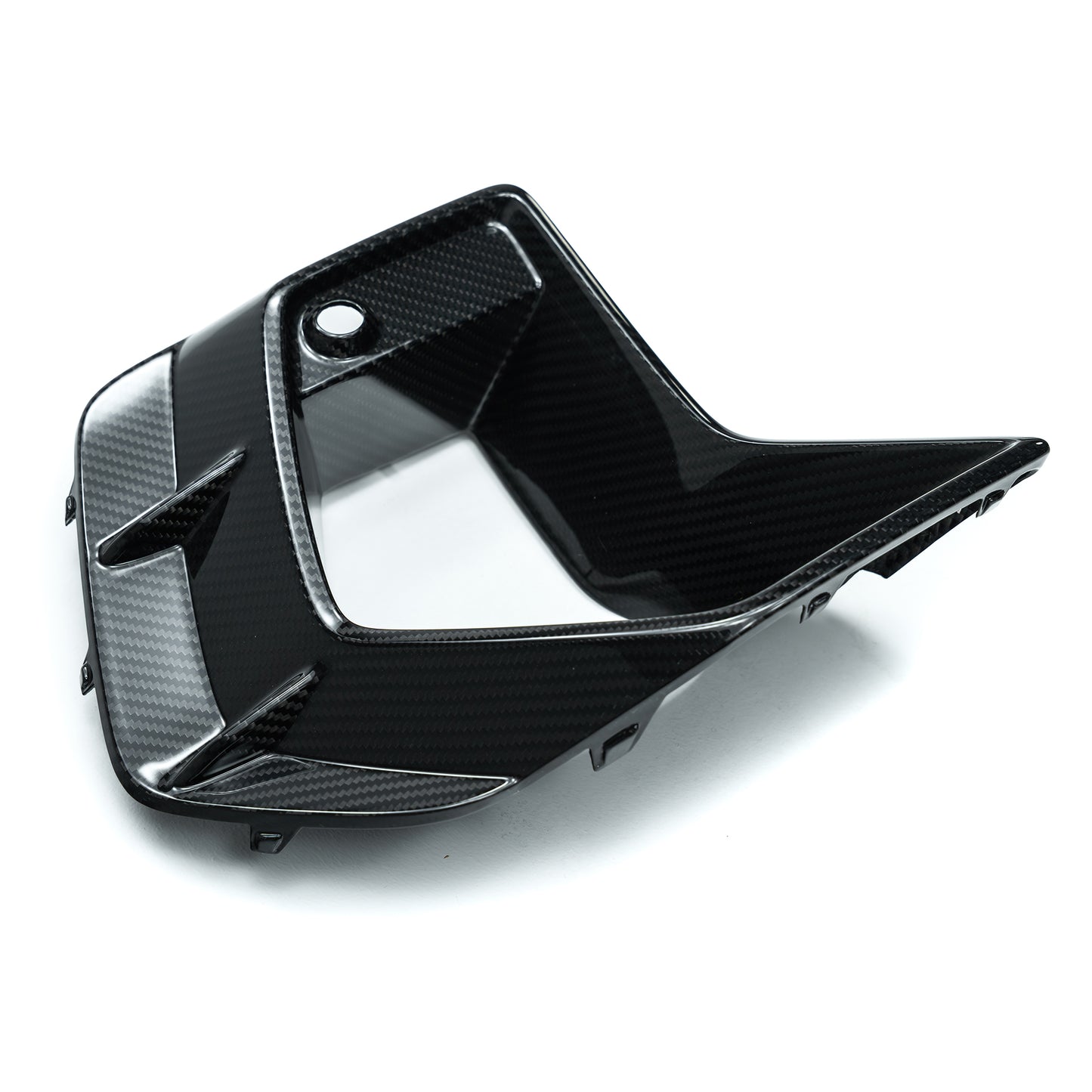 Carbon fiber duct vent bezel with circular mounting hole and glossy black weave