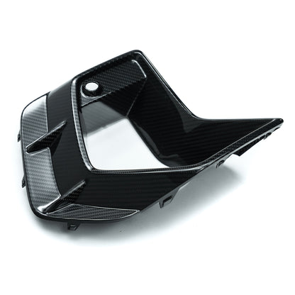 Carbon fiber duct vent bezel with circular mounting hole and glossy black weave