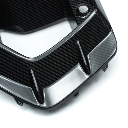 Carbon fiber duct vent surround with chrome-like edge trim and mounting holes