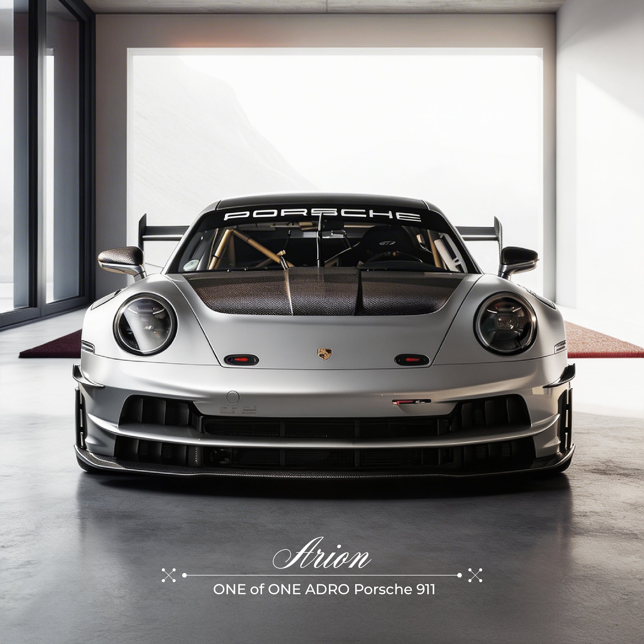 Silver Porsche 911 sports car with front grille and round headlights