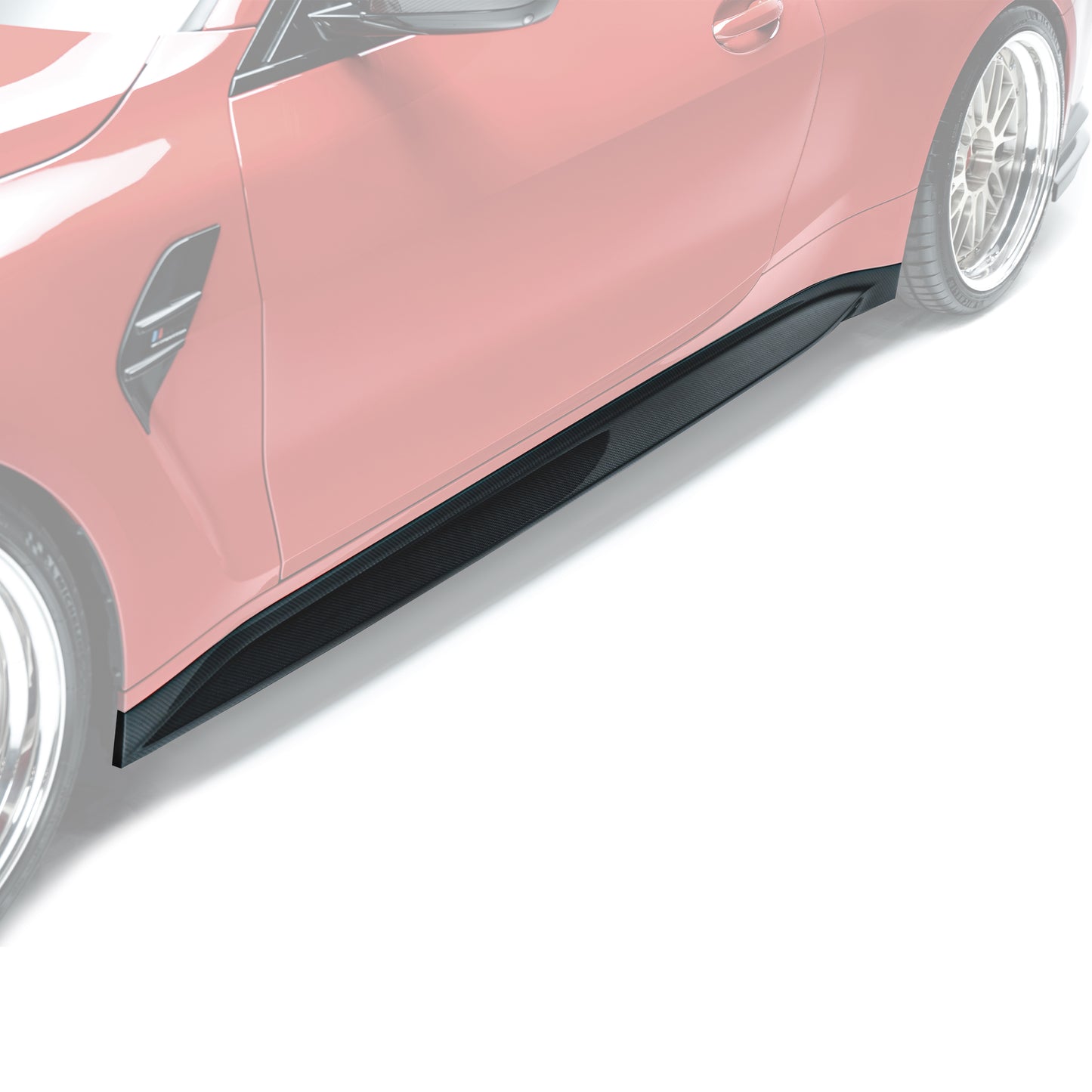 BMW M4 side skirt close-up with black carbon-look trim along rocker