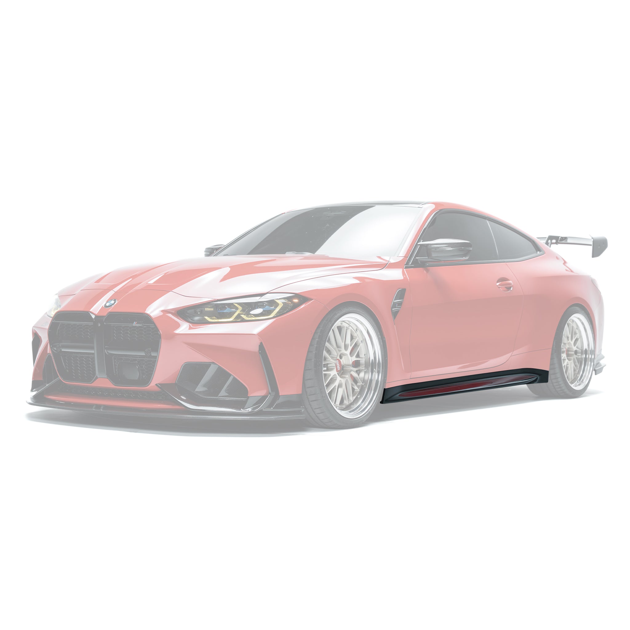 BMW M4 side skirts with black trim, mounted along lower door area