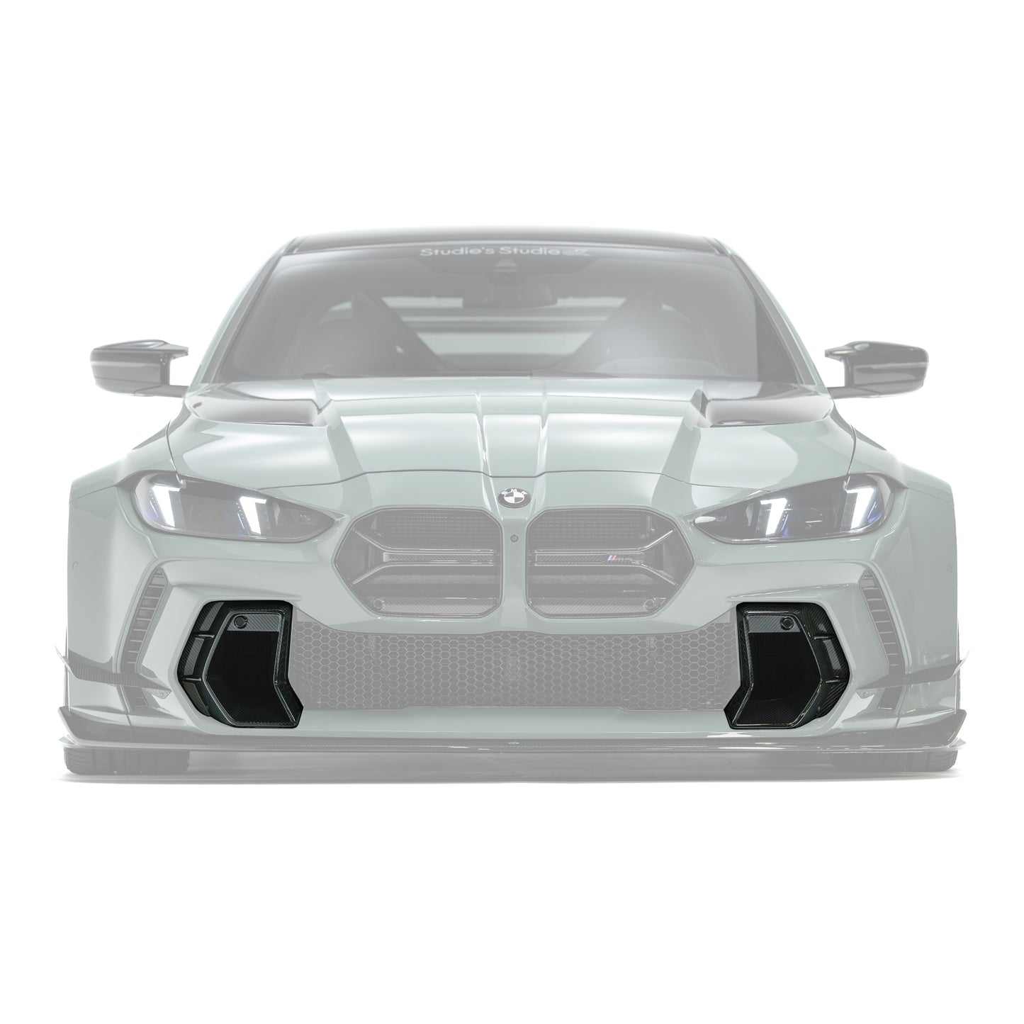 Front bumper carbon fiber duct vent set with black mesh openings and glossy trim