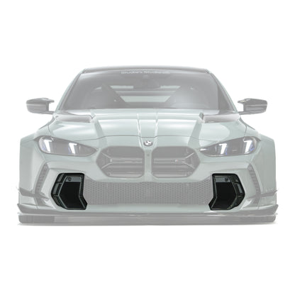 Front bumper carbon fiber duct vent set with black mesh openings and glossy trim
