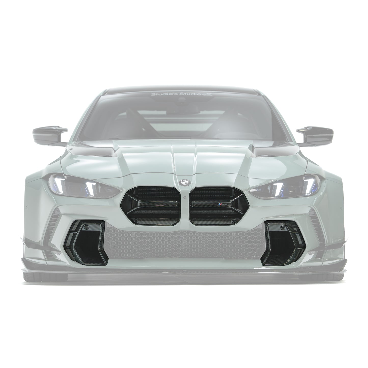 Front bumper grille insert and duct vent set with dark mesh and black trim
