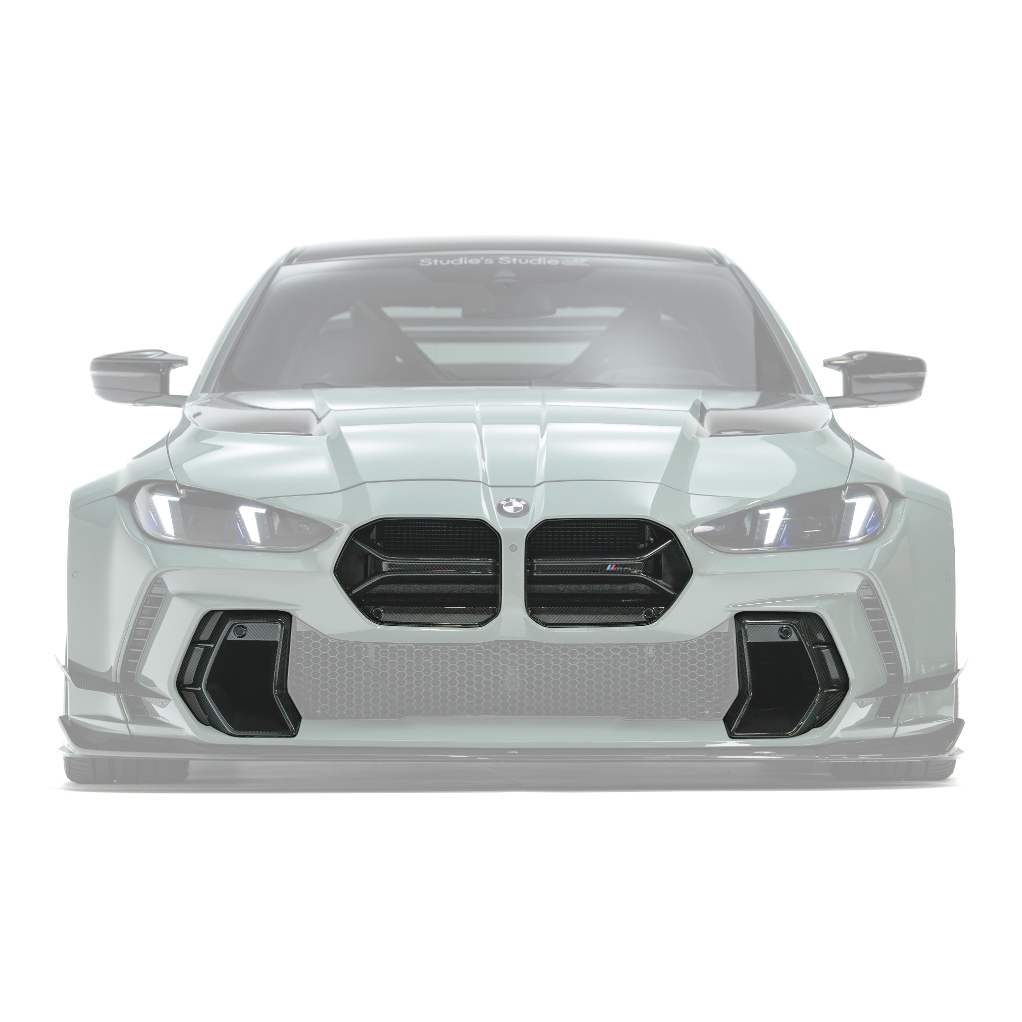 Front bumper grille insert and duct vent set with dark mesh and black trim