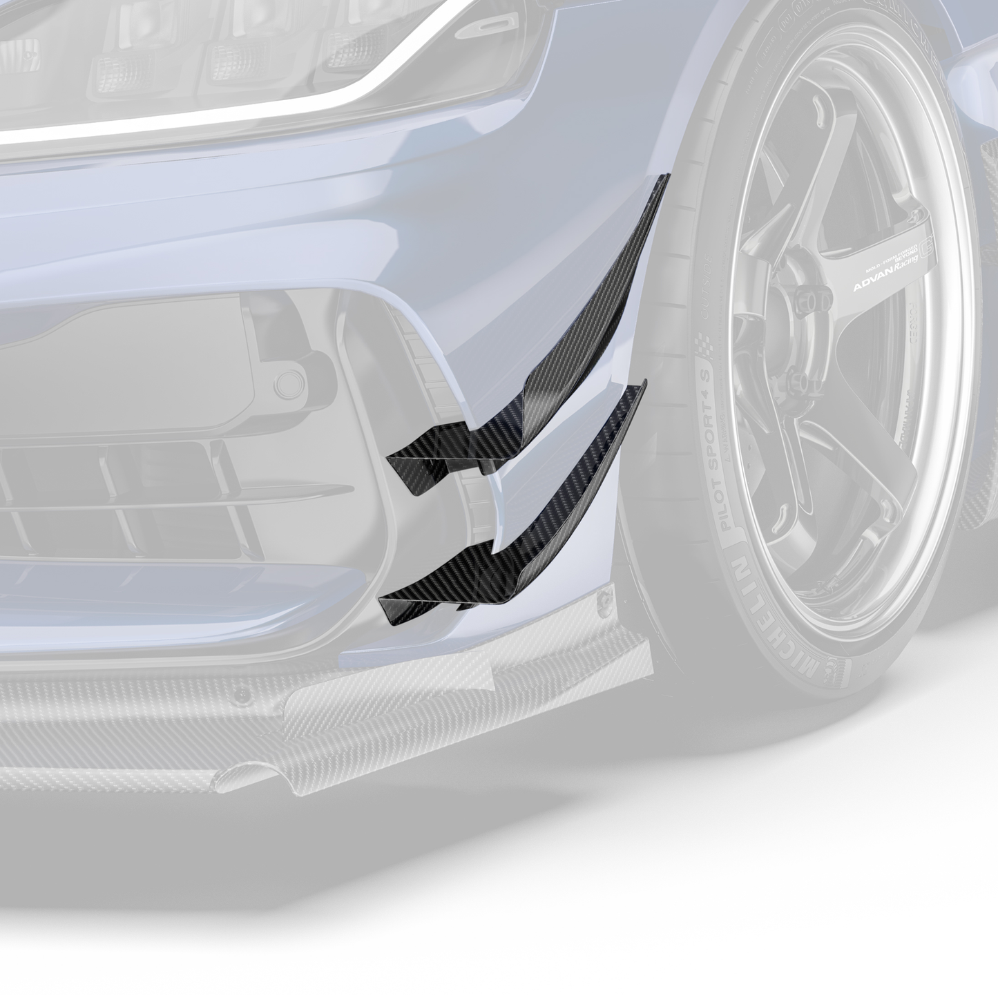 Front bumper canards with black carbon-fiber weave fins, side view
