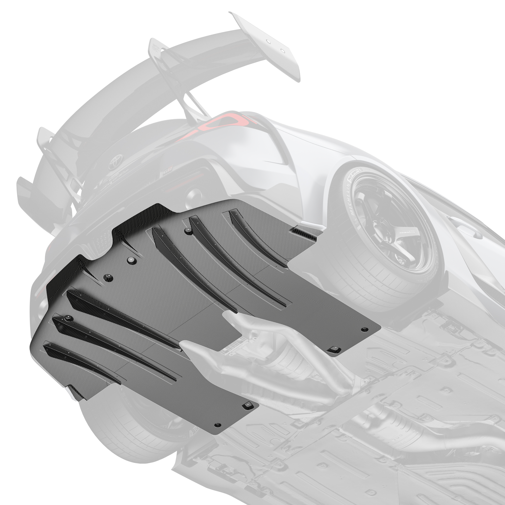 Underside view of carbon fiber race diffuser with fin sections and bolts