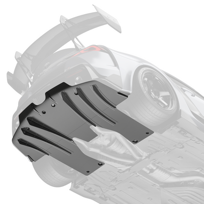 Underside view of carbon fiber race diffuser with fin sections and bolts