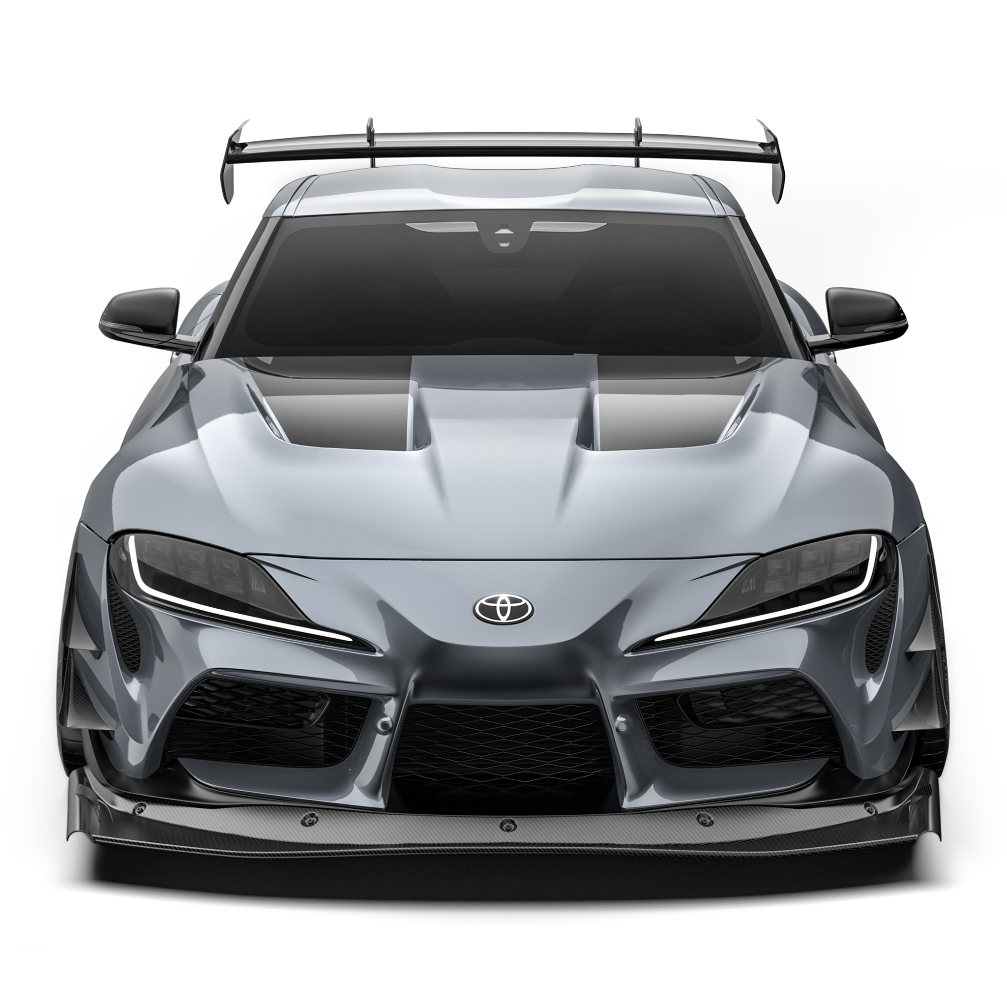 Front bumper race splitter, black carbon-fiber lip across the lower front