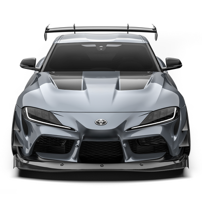 Front bumper race splitter, black carbon-fiber lip across the lower front
