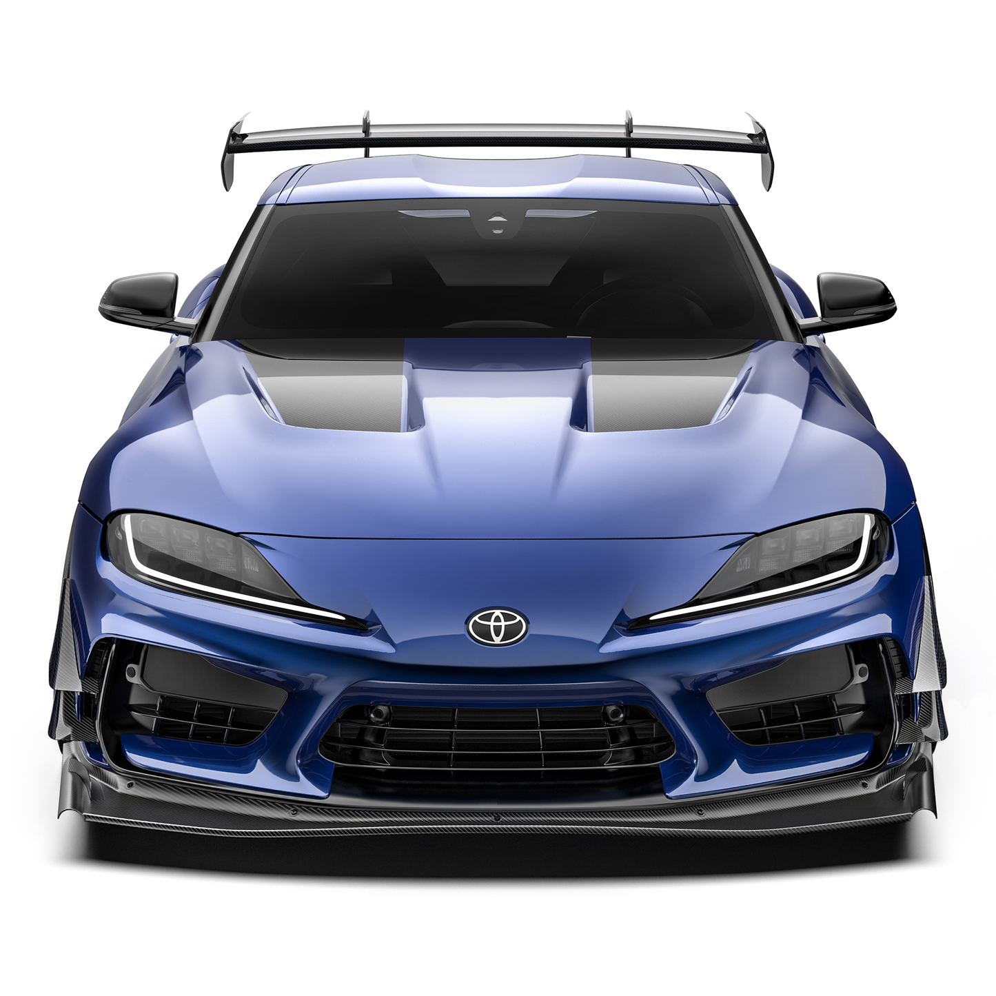 Front bumper canards and carbon-fiber front splitter, head-on view