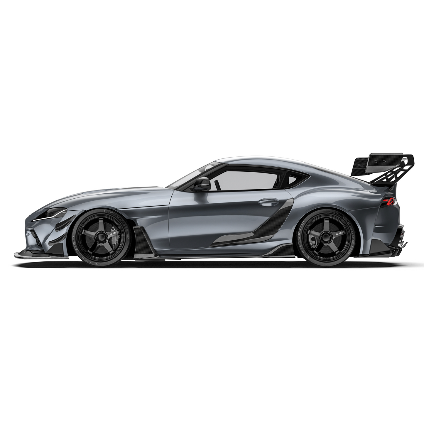 Side profile showing Toyota GR Supra carbon fiber rear diffuser with fin structure