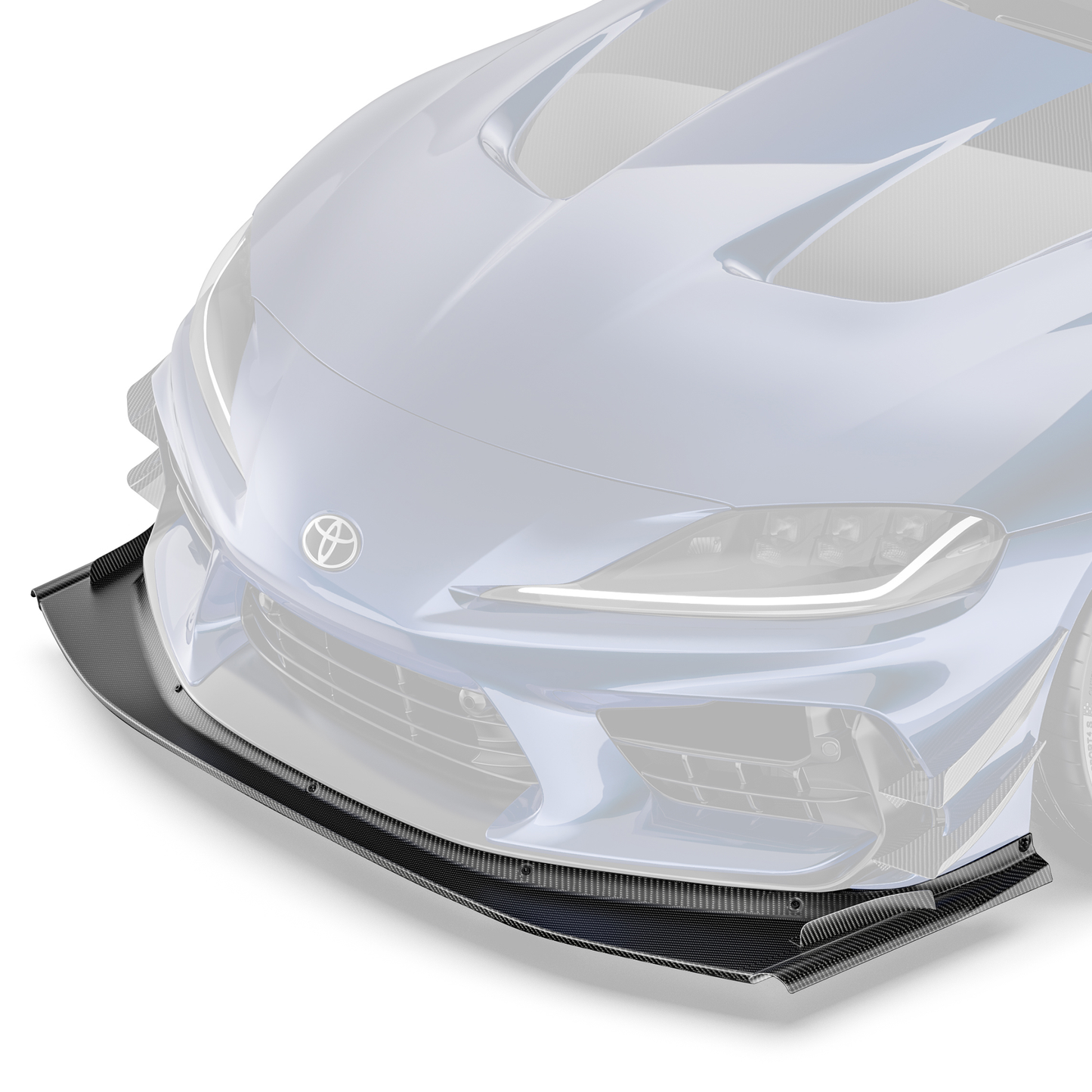 Front bumper race splitter with black carbon-fiber lip on white sports car