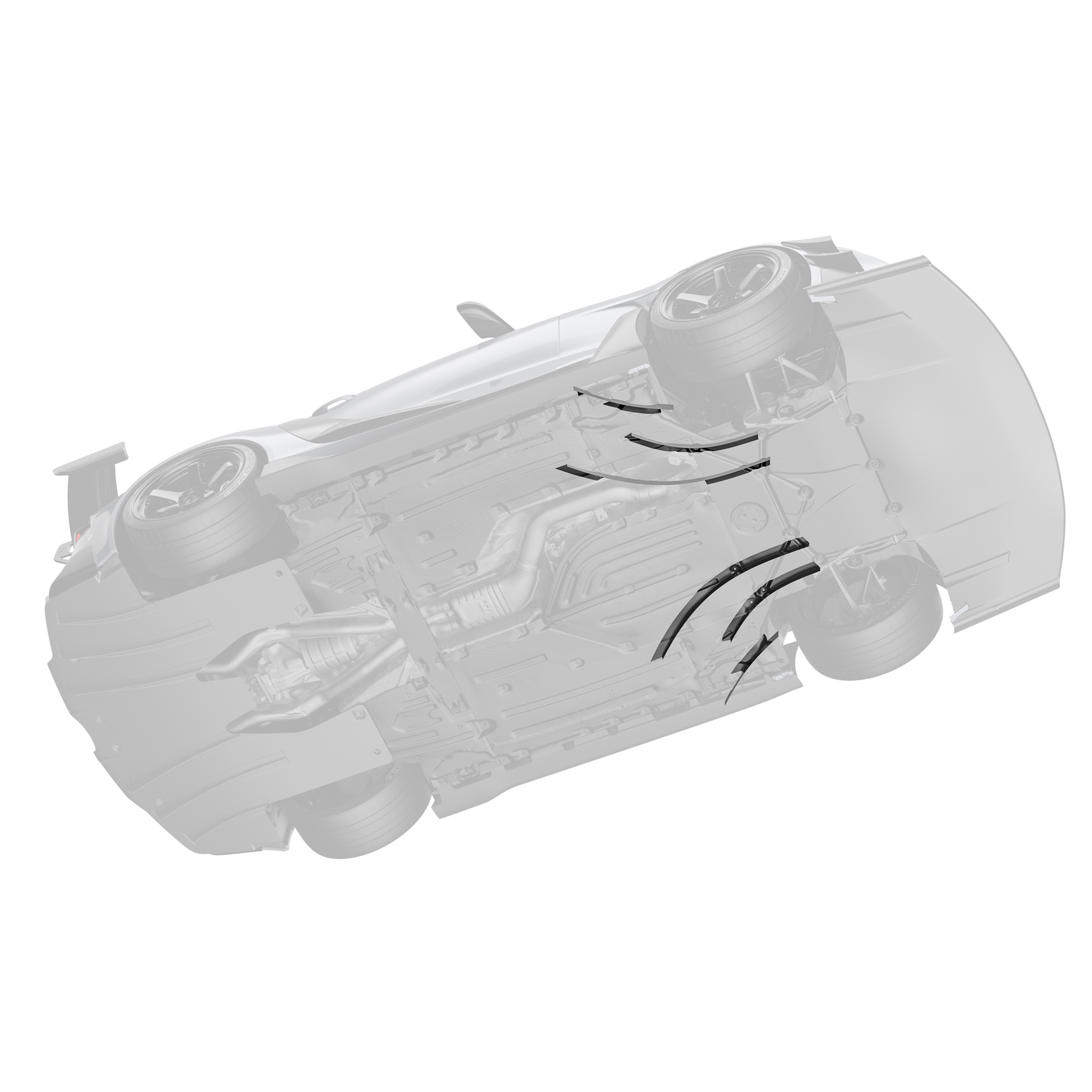 Race undervanes set with curved black fins on the front underbody